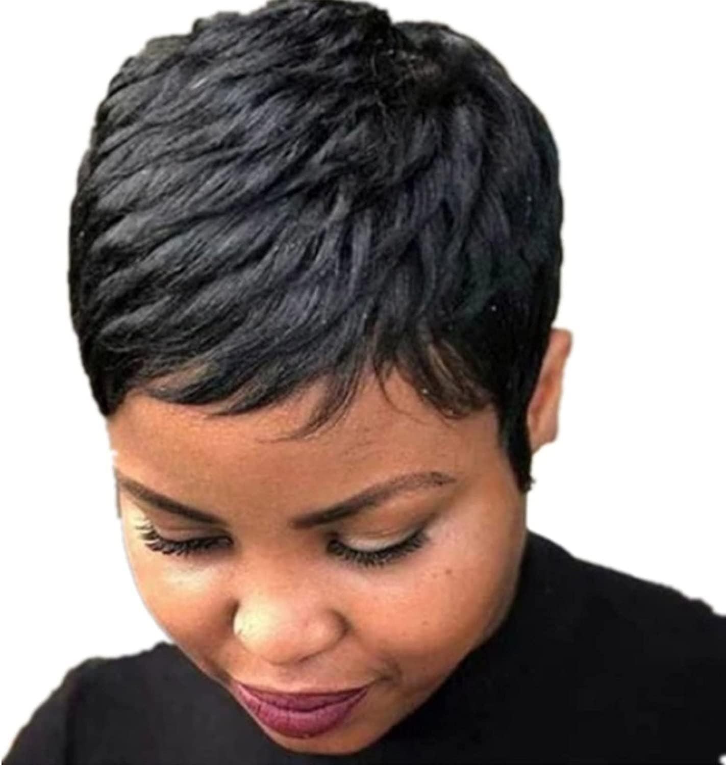 ROMOZ 7in,Short Human Hair Pixie Cut Wigs Short Black Wavy
