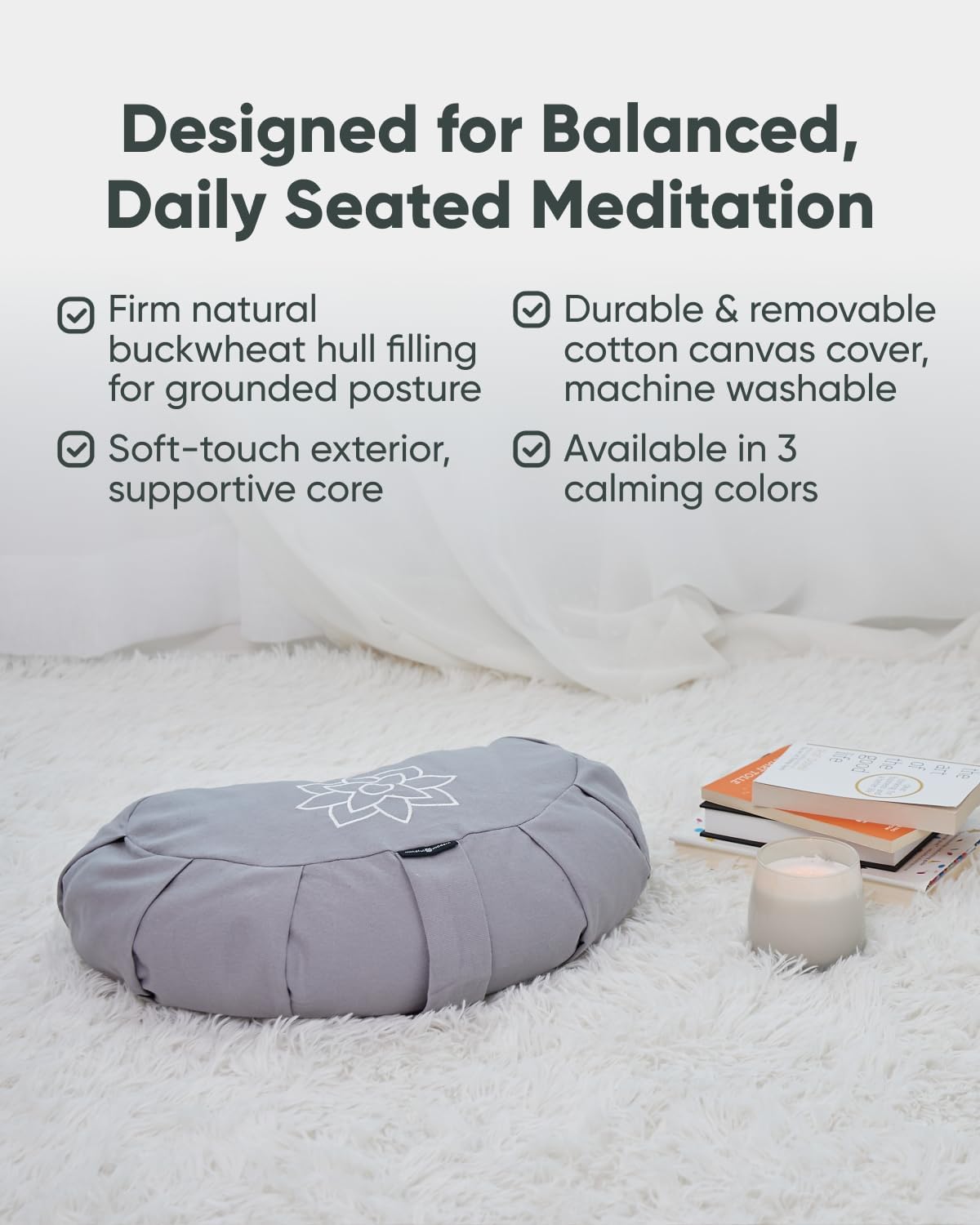 Mindful & Modern Large Meditation Cushion | Zafu Yoga Bolster Meditation Floor Pillow Seat | Buckwheat Hull Filled Crescent Shaped Cushion with Removable Washable Cover + Carry Handle | Grey