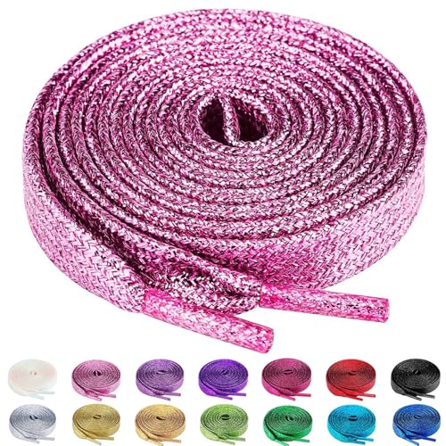 Olukssck 2 Pairs Flat Glitter Shiny Metallic Shoe Laces, Colorful Sequin Shoelaces