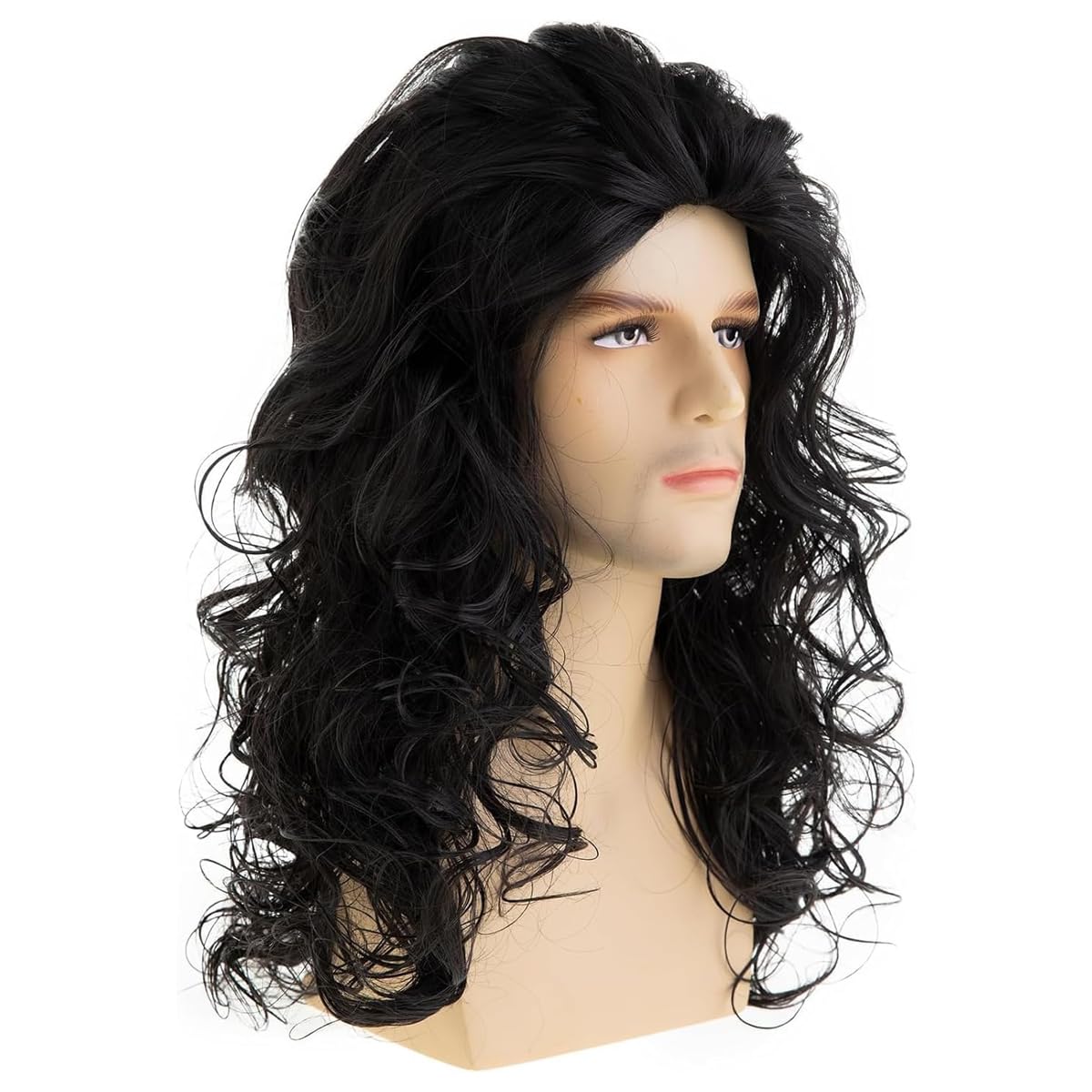 uomo nero lungo riccio ondulato parrucca parte media sintetica resistente al calore giornaliero festa costume Halloween