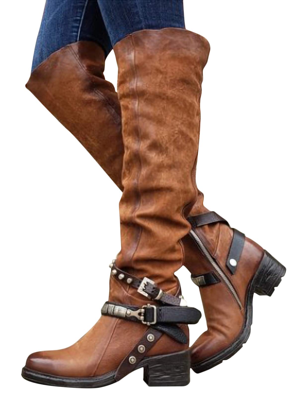 Minetom Damen Hohe Stiefel Winter Schuhe mit Absatz Kunstleder Schnalle Langschaft Overknee Stiefel Kniehohe High Heels Lang Boots