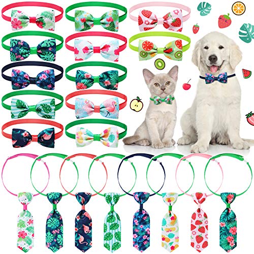 20 Pieces Summer Pet Tie Set Includes 8 Pieces Pet Neckties and 12 Pieces Pet Bow Ties with Adjustable Collar for Dogs Cats Summer Party Decoration (Summer Patterns)