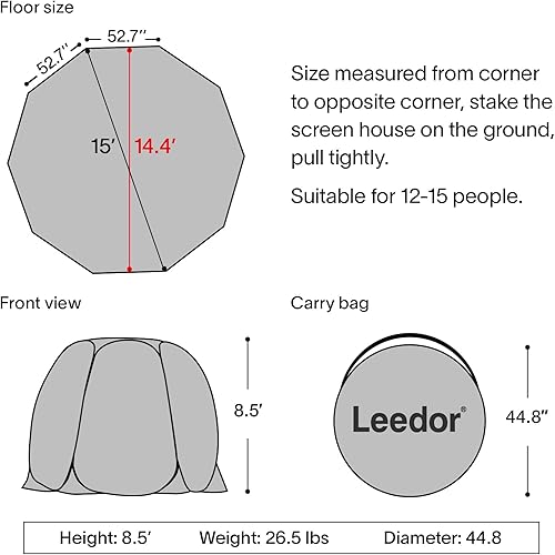 Miniatura 6 de LEEDOR Casa de pantalla desplegable, tienda de campaña para exteriores para 6-10-15 personas, sala de pantalla de campamento con bolsa de