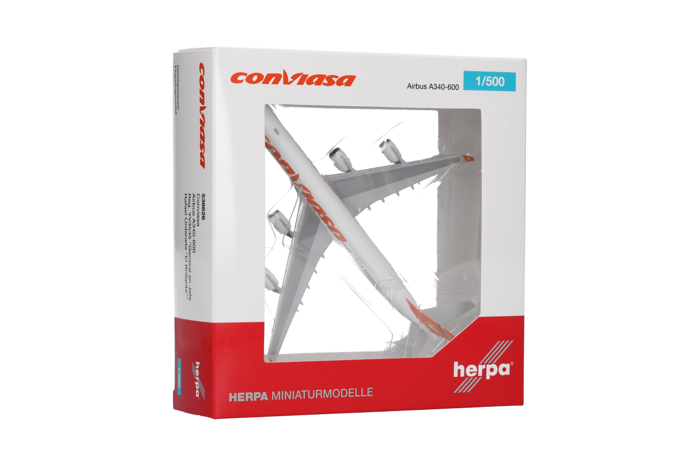 Herpa Modèle réduit Avion Conviasa Airbus A340-600, Miniature à l’échelle 1:500, pièce de Collection, modèle d’Avion sans Socle, métal