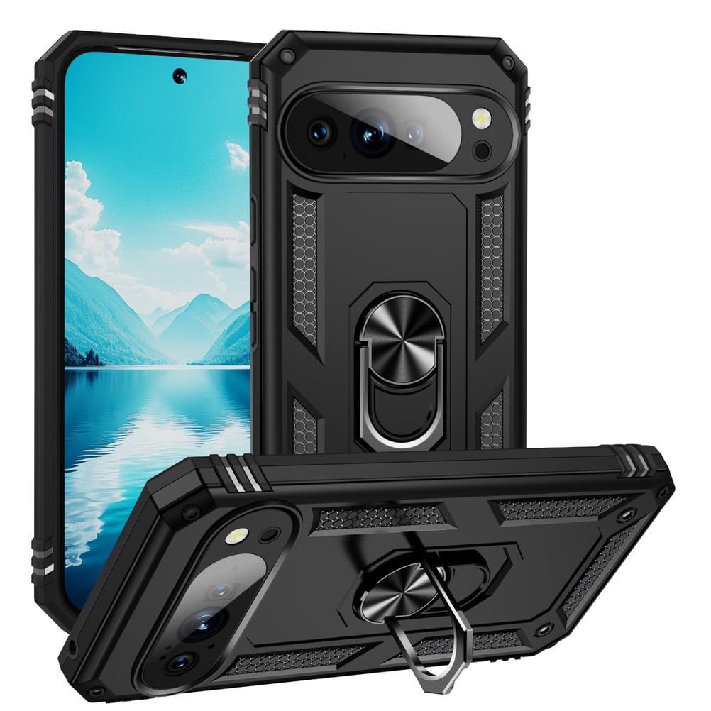 Stoßfest Hülle für Google Pixel 10 Pro/10 Pro XL/10, Dünne Gefrostet rutschfest Schutzhülle mit Drehbarer Metall Ring Ständer Handyhülle,Schwarz,10