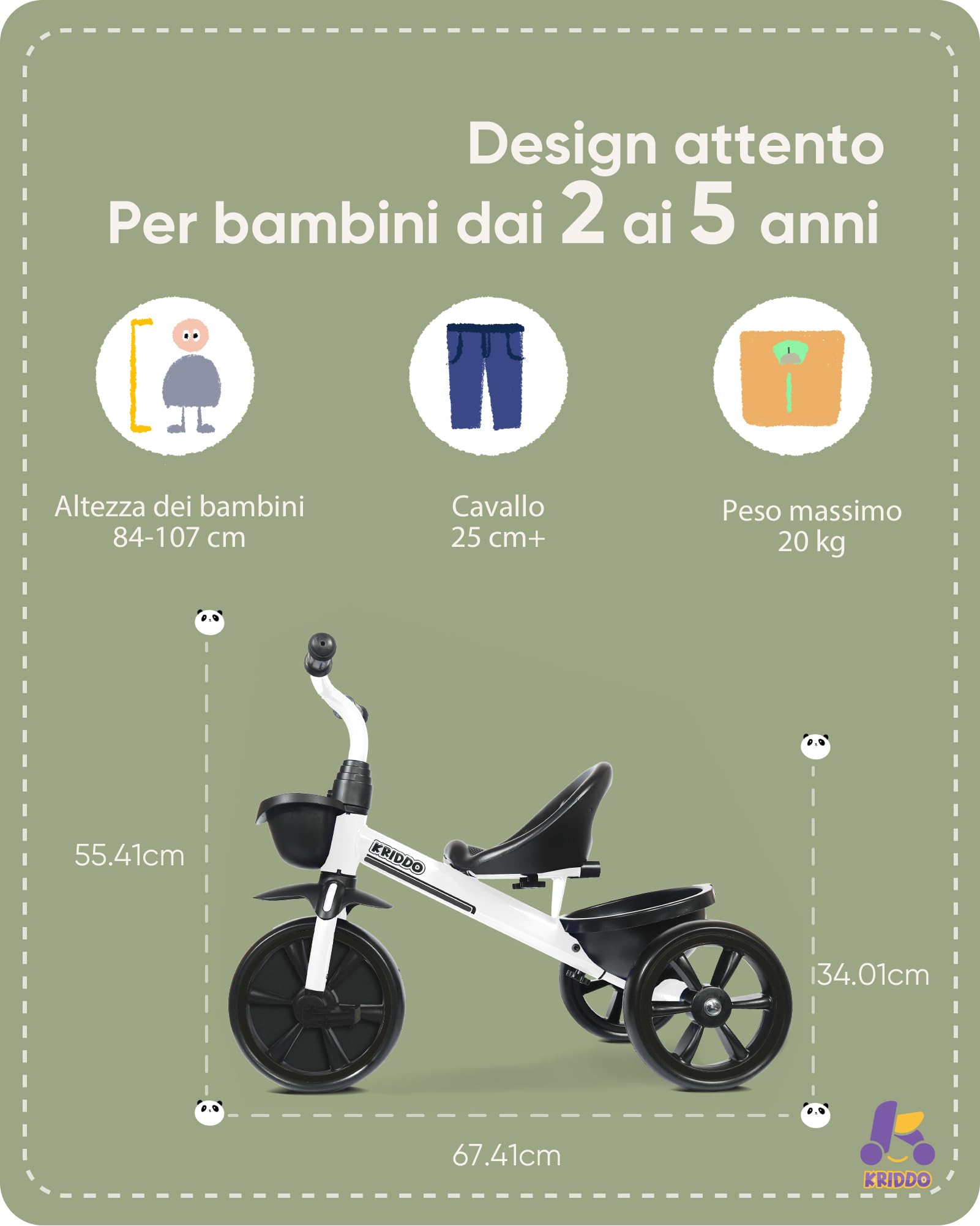 KRIDDO Triciclo per Bambini dai 24 mesi ai 5 anni, Tricicli per bambini da 2,5 a 5 anni, Triciclo Evolutivo da 2 a 4 anni, con Cestello Portaoggetti, Ideale da regalare, Bianco