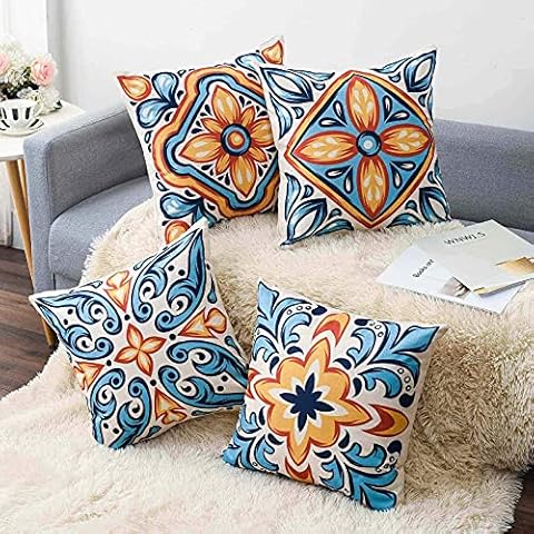 wyooxoo Decorative Blue Pillow Covers 18x18 Outdoor Farmhouse Pillow Covers Cushion Cover Set of 4 Linen Square Throw Pillow Cases for Couch Sofa Car Living Room Patio Furniture Cover