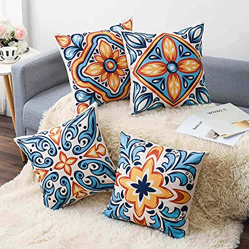 Wyooxoo Decorative Blue Pillow Covers 18X18 Outdoor Farmhouse Pillow Covers Cushion Cover Set Of 4 Linen Square Throw Pillow Cases For Couch Sofa Car Living Room Patio Furniture #TOP1