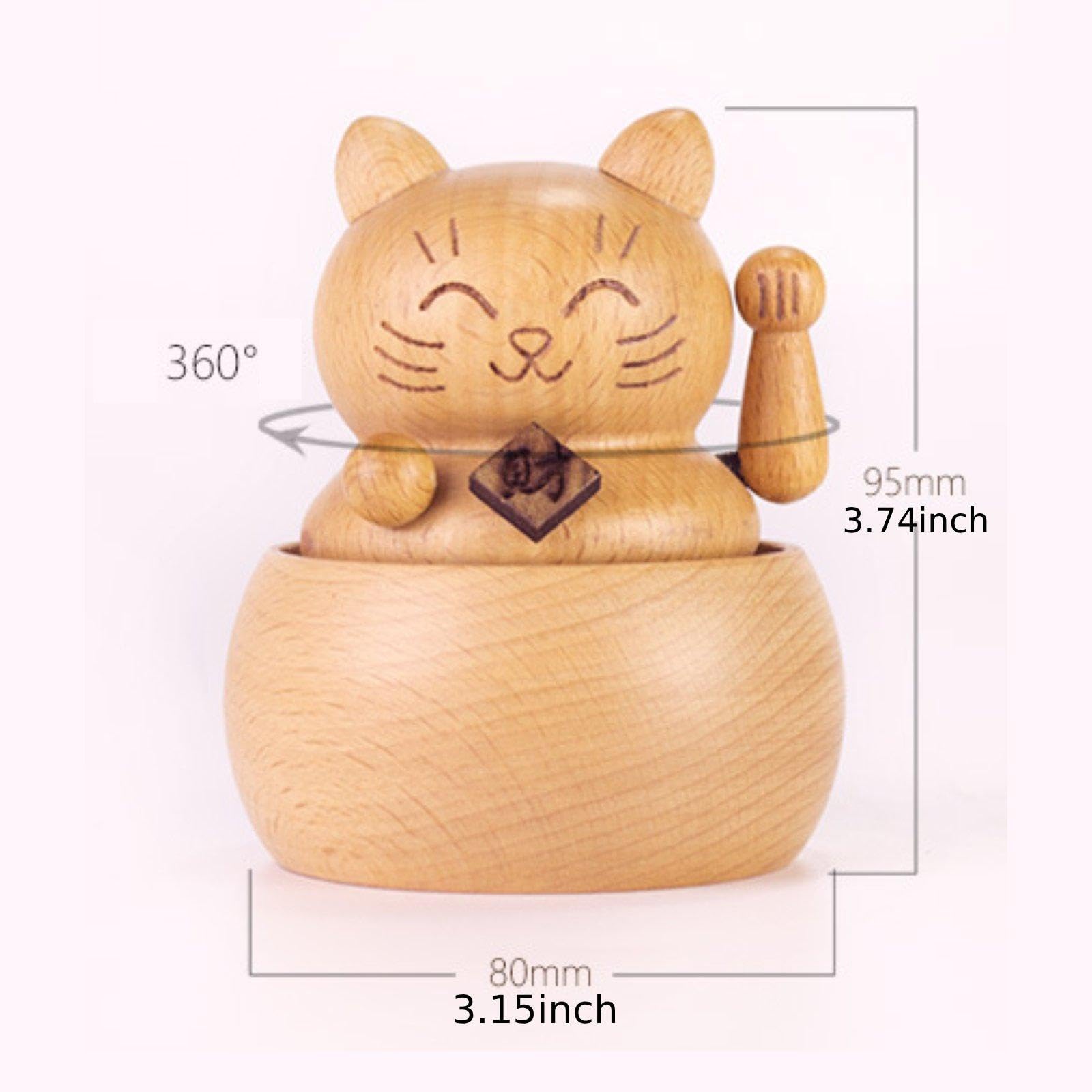 harayaa Carillon multifunzionale con riproduzione musicale, regalo di compleanno, statuetta di gatto decorativa girevole a 360°, ornamento in legno