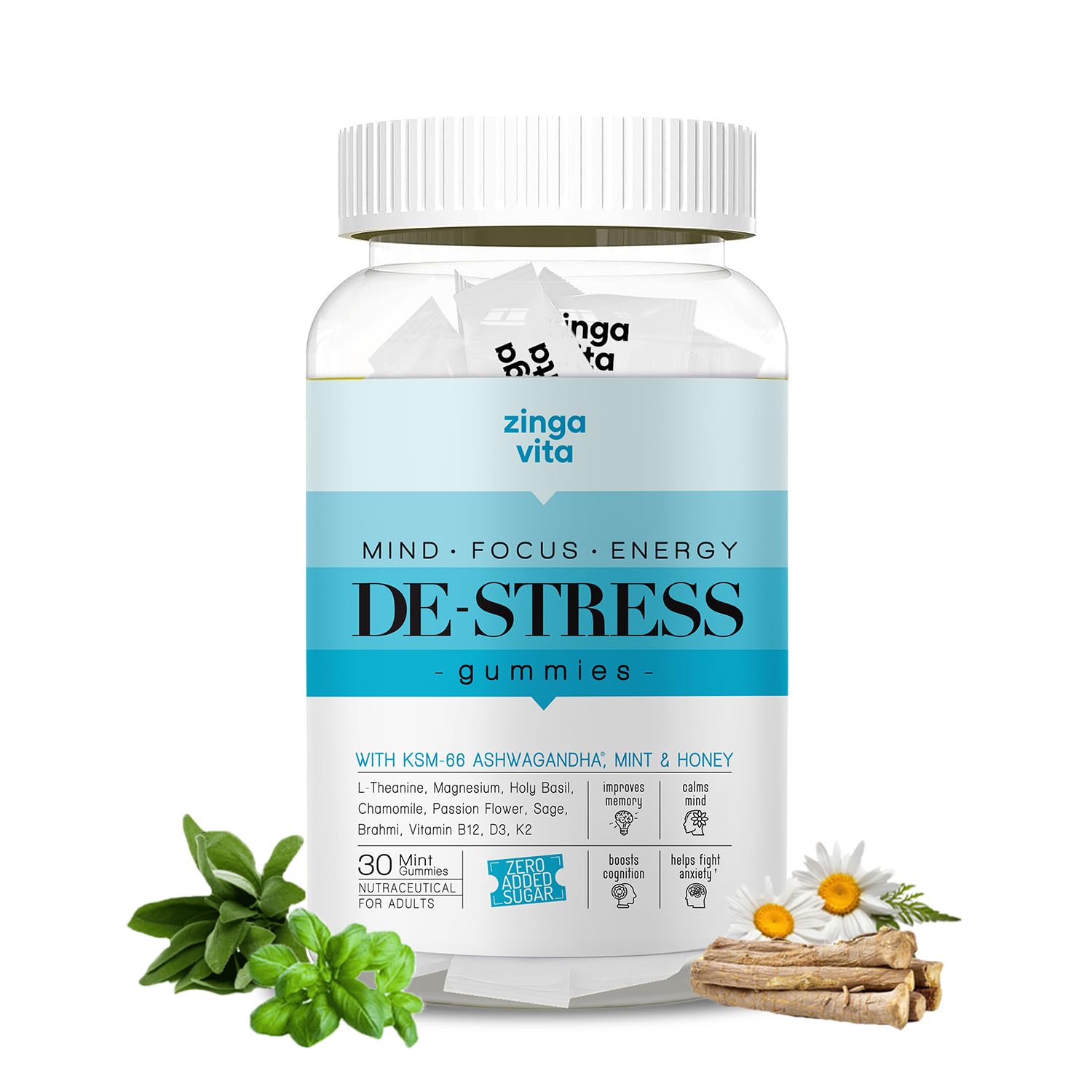 Zingavita De-Stress Gummies with Honey, KSM-66 Ashwagandha, L-Theanine, Holy Basil, Chamomile & Sage extracts,Vitamin D3, B12, No Added Sugar, Mint Flavour - 30 Gummies (B0CQ2R8CL7) Amazon Price History, Amazon Price Tracker