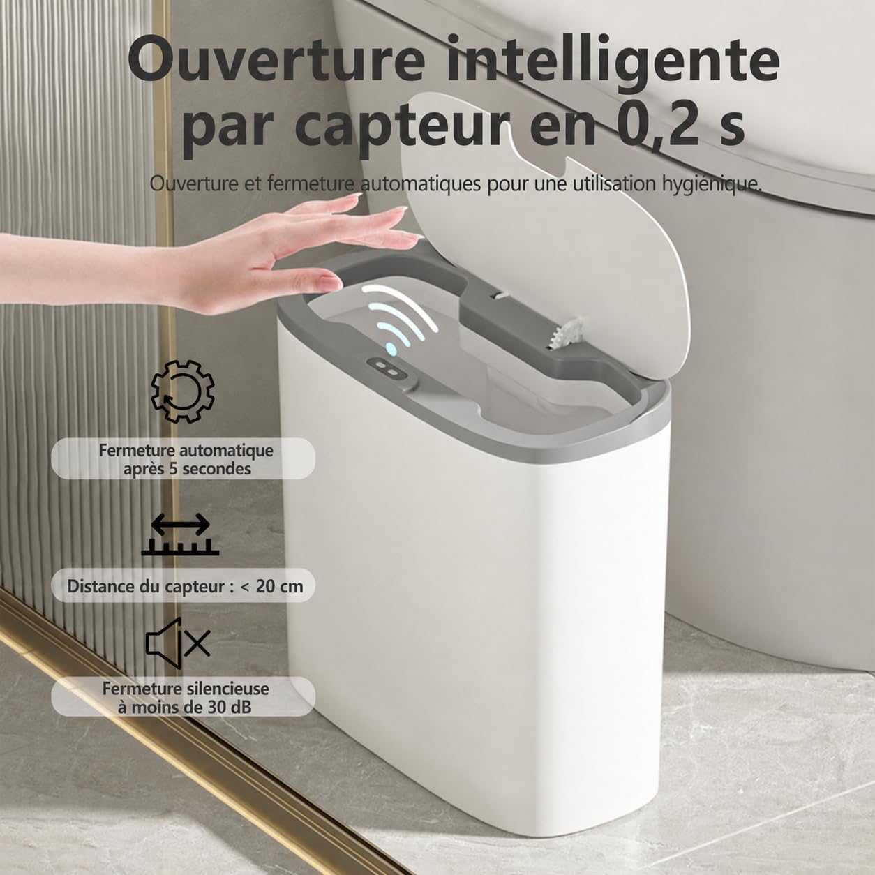 Poubelle Automatique 12L avec Capteur et Fixation Murale – Poubelle Électrique avec Couvercle, Anti-Odeurs et Étanche, pour Cuisine Salle de Bain WC – Blanc, Silencieuse et Gain de Place
