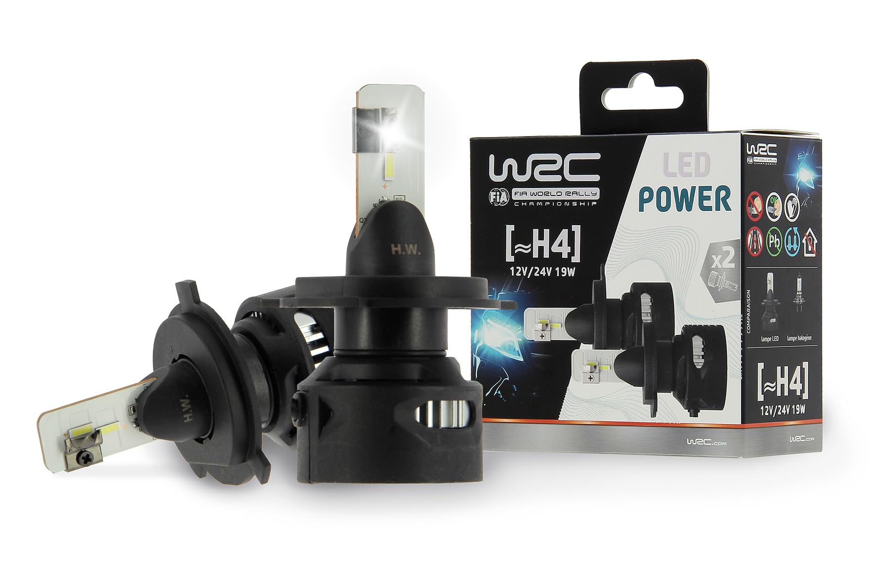 WRC 007550 2 żarówki LED H4 12V / 24V 19 W, mocna lampa samochodowa