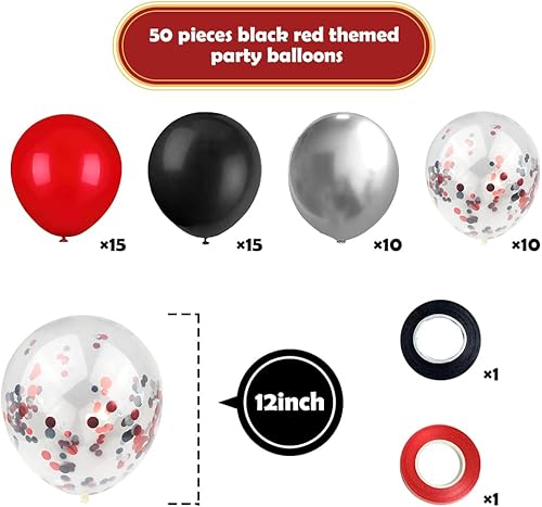 Miniatura 2 de Globos - Juego de 50 guirnaldas de globos, globos negros de 12 pulgadas y globos rojos, con globos rojos y negros, globos de confeti, globos de
