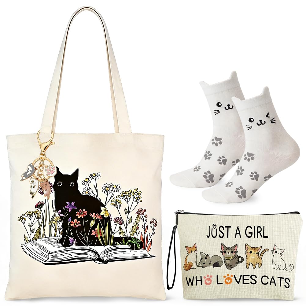 CYGMRFH 4Pcs Cat Lover Gifts for Girls – Floral Canvas Tote Bag, Makeup Pouch & Kitten Keychain, Just a Girl Who Loves Cats Sock, Reusable Shopping Shoulder Bag Set for Work Travel Birthday Gift