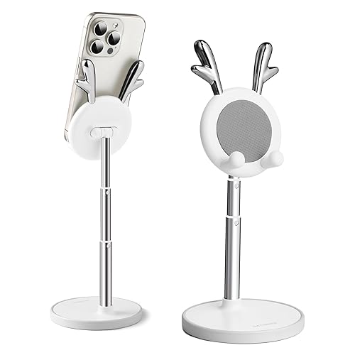 OATSBASF Cute Cell Phone Stand, Adjustable Deer Ears Phone Stand for Desk, Thick Case Friendly Holder Compatible with iPhone, Kindle, iPad, Switch, All Phones (Deer Ears White) - Deer Ears White