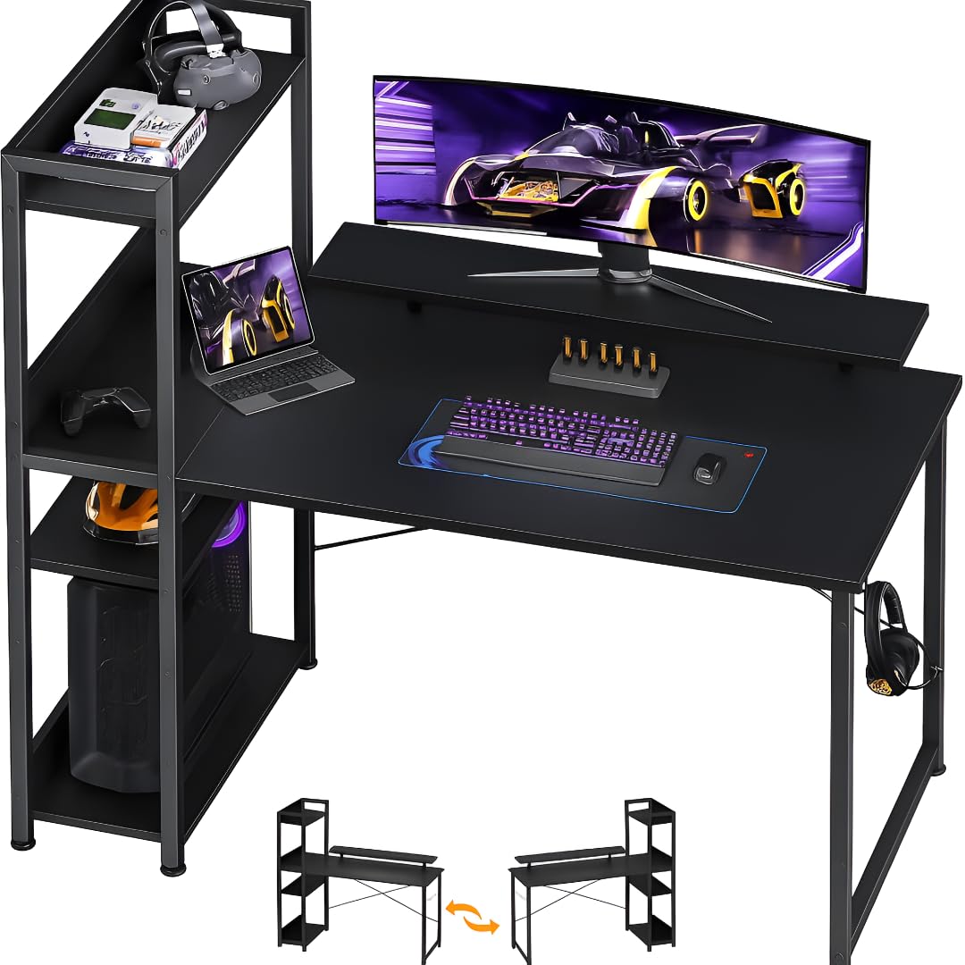 DESKIZIA Gaming Desk with Shelves | Reversible Computer Desk with Monitor Stand | Wooden Study Table for Home Office & Gaming pc Setup | Writing Table with Storage | Black | 100x50x75 CM