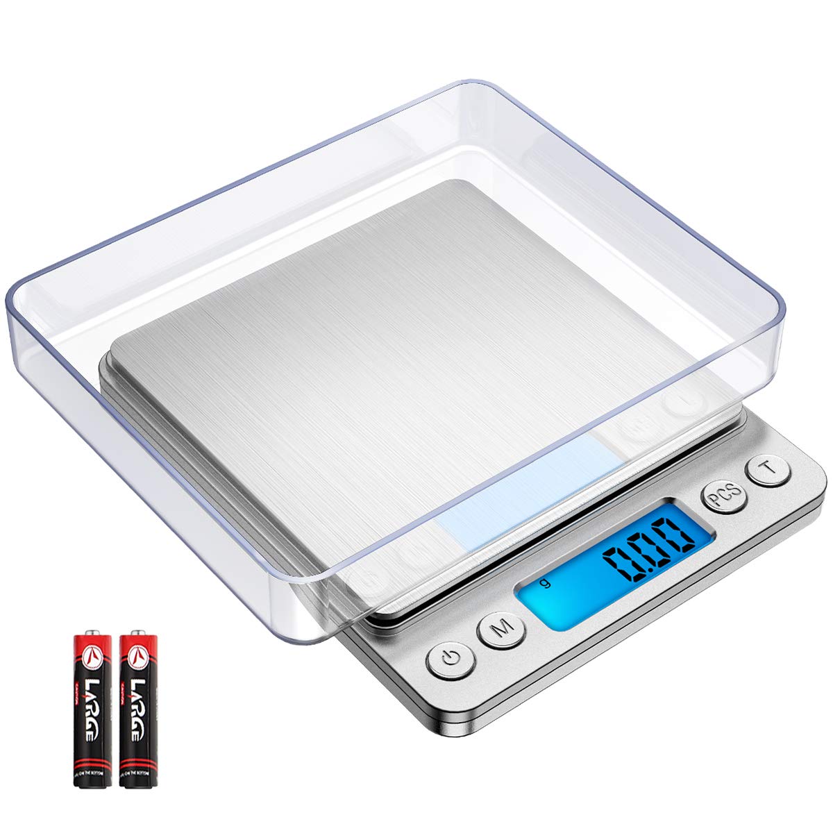 Balance de cuisine numérique, 500 g/0,01 g, mini balance de poche pour bijoux avec écran LCD rétroéclairé, 2 plateaux, 6 unités, fonction tare PCS, argent (piles incluses)