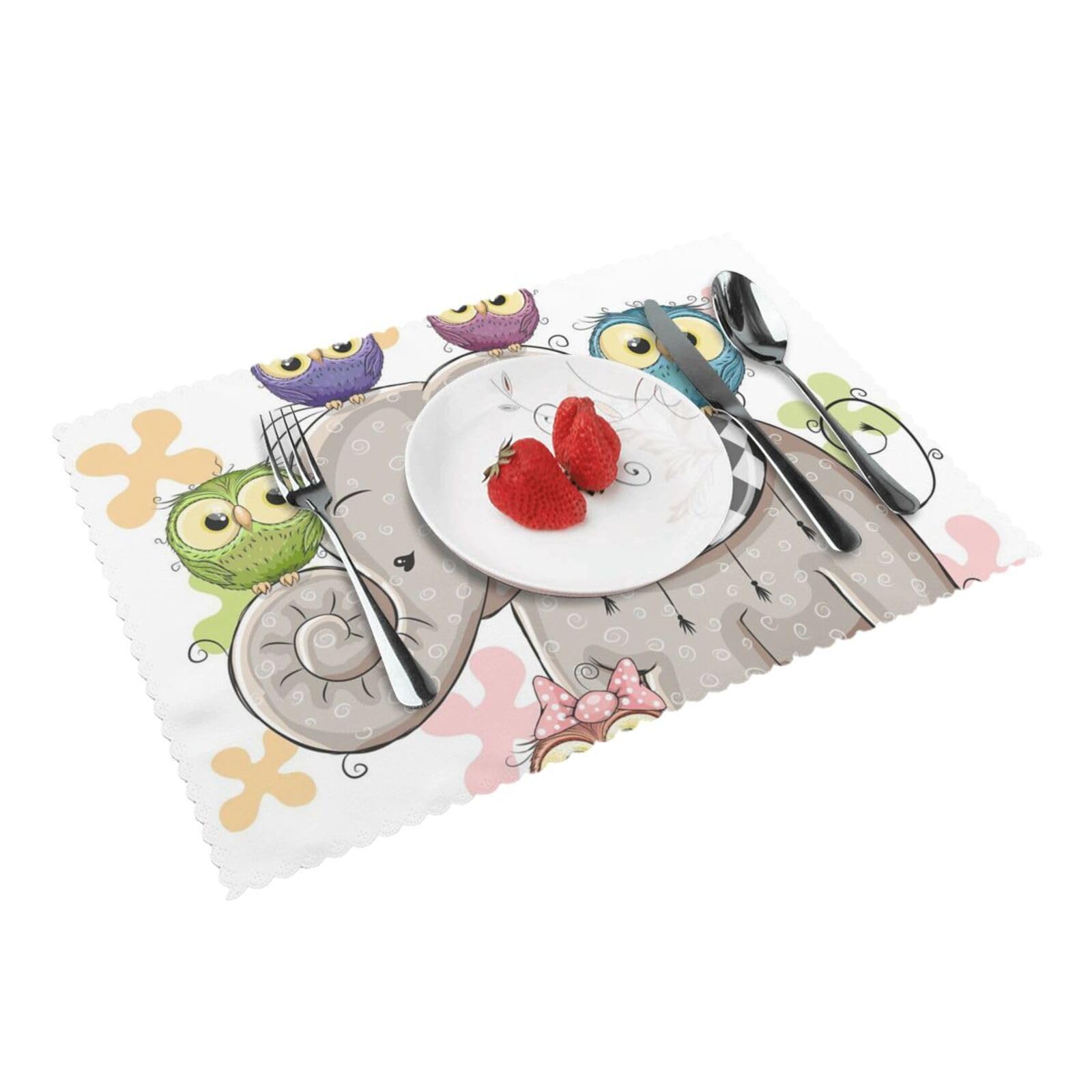 Bnvsadc Cartoon Elephant And Owls Floral 4 Pcs Heat Resistant Placemat 45X30 Cm, Printed Non-Slip Place Mats For Kitchen Dining Table Indoor Outdoor
