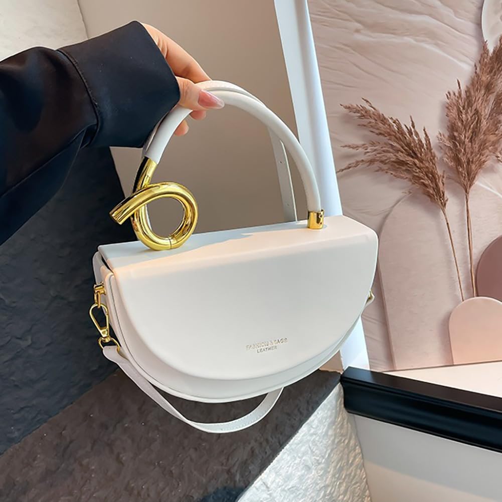 Women's Half-Moon Top Handle Crossbody Bag, Vegan Leather Solid Color Shoulder Purse, Unique Fashion Commuter Travel Handbag