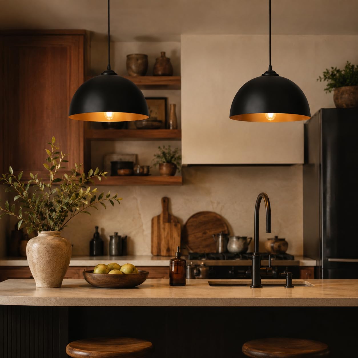 Set di 4 lampade a sospensione in metallo nero e oro, vintage, E27, diametro 30 cm, lampada a sospensione con cavo regolabile, lampada per tavolo da pranzo, cucina, soggiorno, sala da pranzo