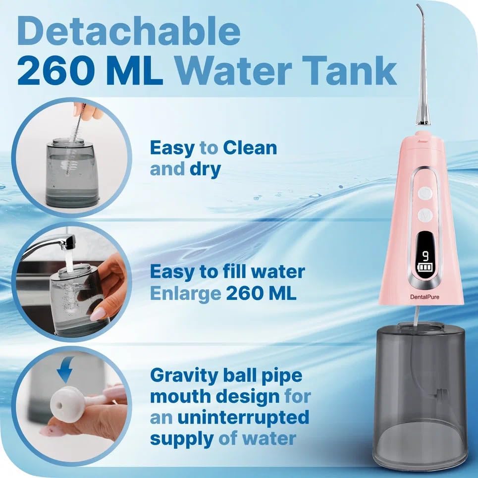 Coredless Water Dental Flosser Teeth Pick with 9 Modes, Portable Rechargeable Oral Irrigator for Teeth Cleaning and flossing, Travel Electric flosser for Adults with 4 Jet Tips IPX7 Waterproof, Pink