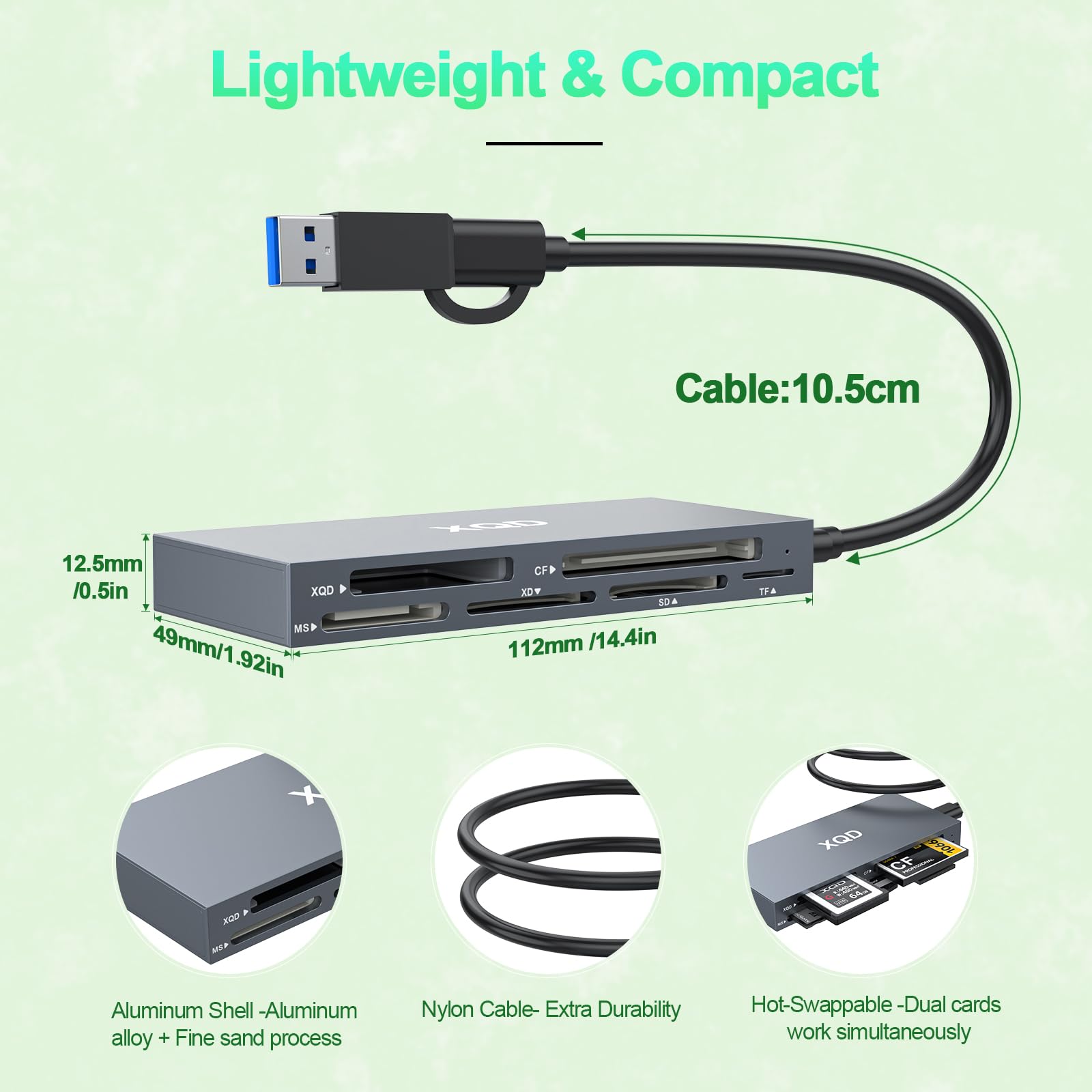 Lettore di schede XQD 8 in 1 da 10 Gbps, lettore USB C Multi XQD per Sony G/M Series, Lexar 2933x/1400x USB Mark XQD Card/CF/XD/MS/TF/SD, lettore di schede di memoria USB 3.0 per Windows/Mac OS/Linux
