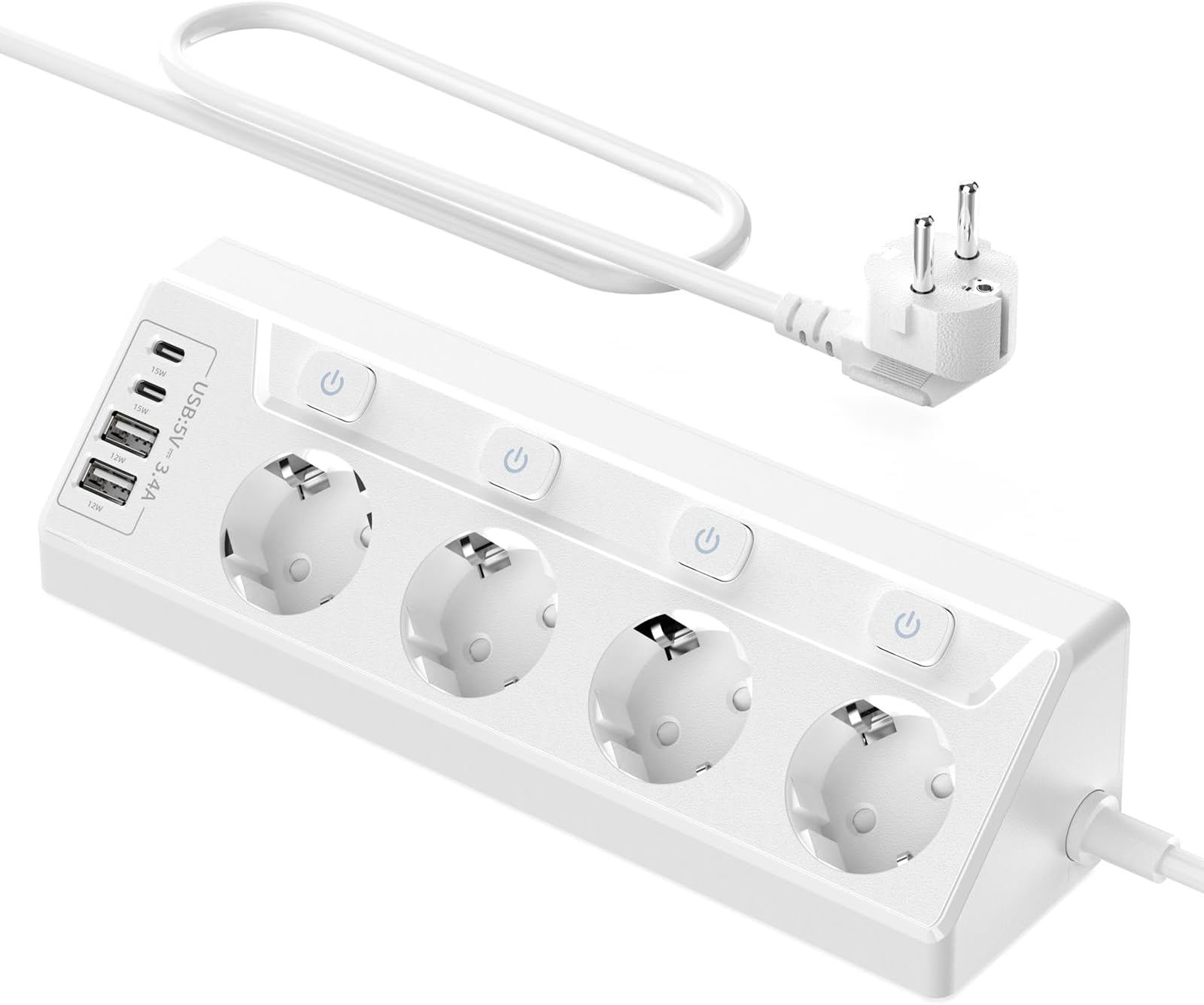 Power Strip Single Switchable Multiple Socket - 4-Way Multiple Socket with USB, 8-in-1 Power Strips Table Socket with 2 m Cable, for Home and Office, 16 A, 3680 W