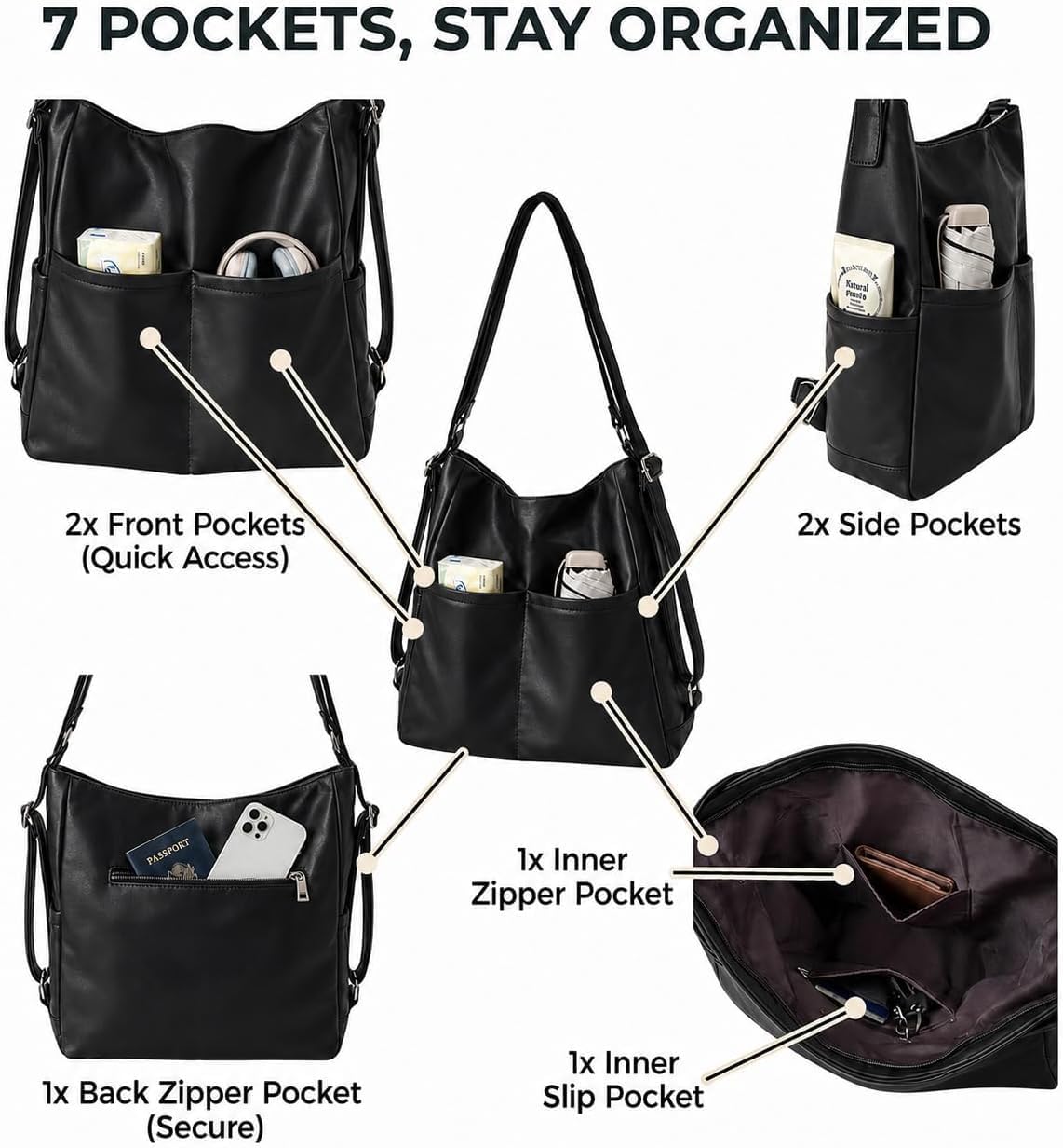 Women's Convertible Backpack Water-Resistant Travel Bag Shoulder Bag