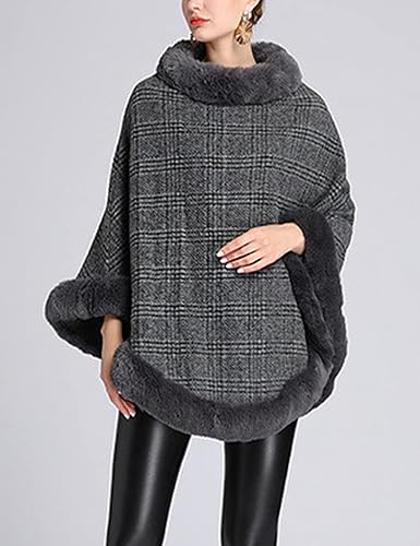 Miniatura 3 de Gihuo Poncho a cuadros para mujer, abrigo cálido de invierno con ribete de piel sintética, elegante capa de chal, chales