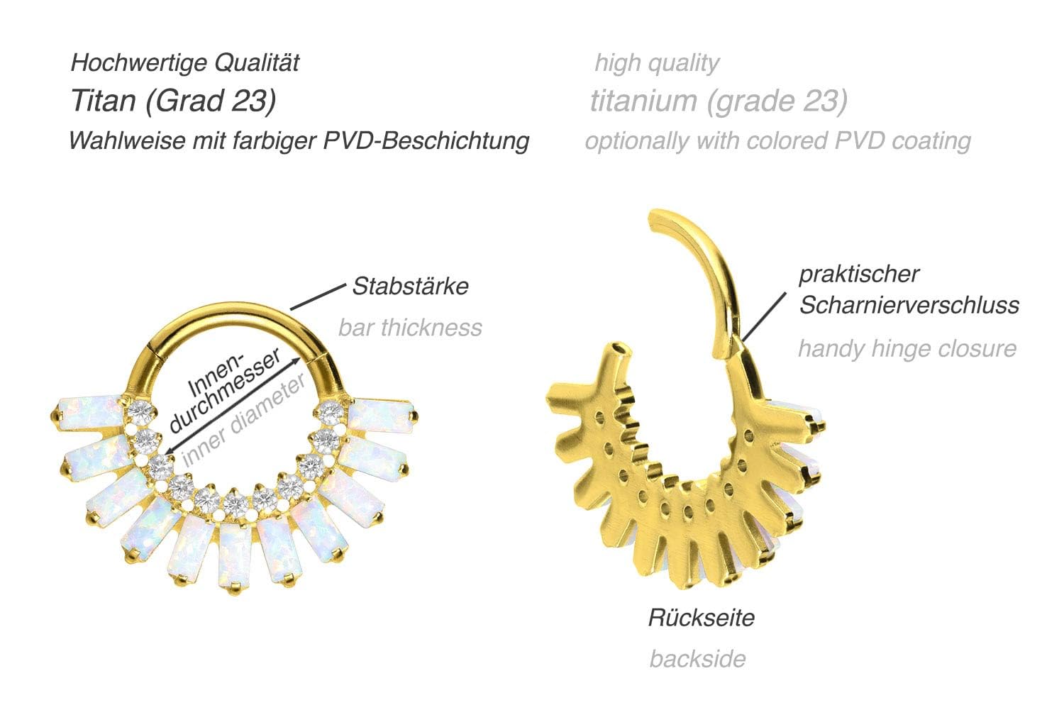 PIERCINGLINE Anillo segmento de titanio Clicker con cristales engarzados y ópalos sintéticos – Piercing para nariz, tabique, oreja, hélice o tragus en 4 colores, Titanio