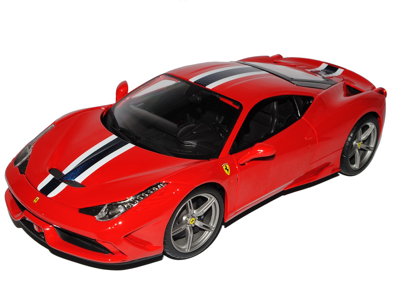Bburago Ferrari 458 Speciale Coupe czerwone z paskami od 2013 1/18 model auto