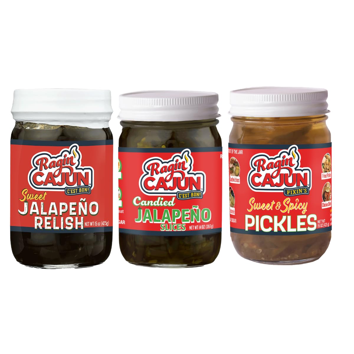 Ragin' Cajun Flavorful Charcuterie Condiment Trio - 1 Jalapeño Relish 15 oz, 1 Jalapeño Slice 14 oz, 1 Spicy Pickle 12 oz, Authentic Louisiana Variety Pack