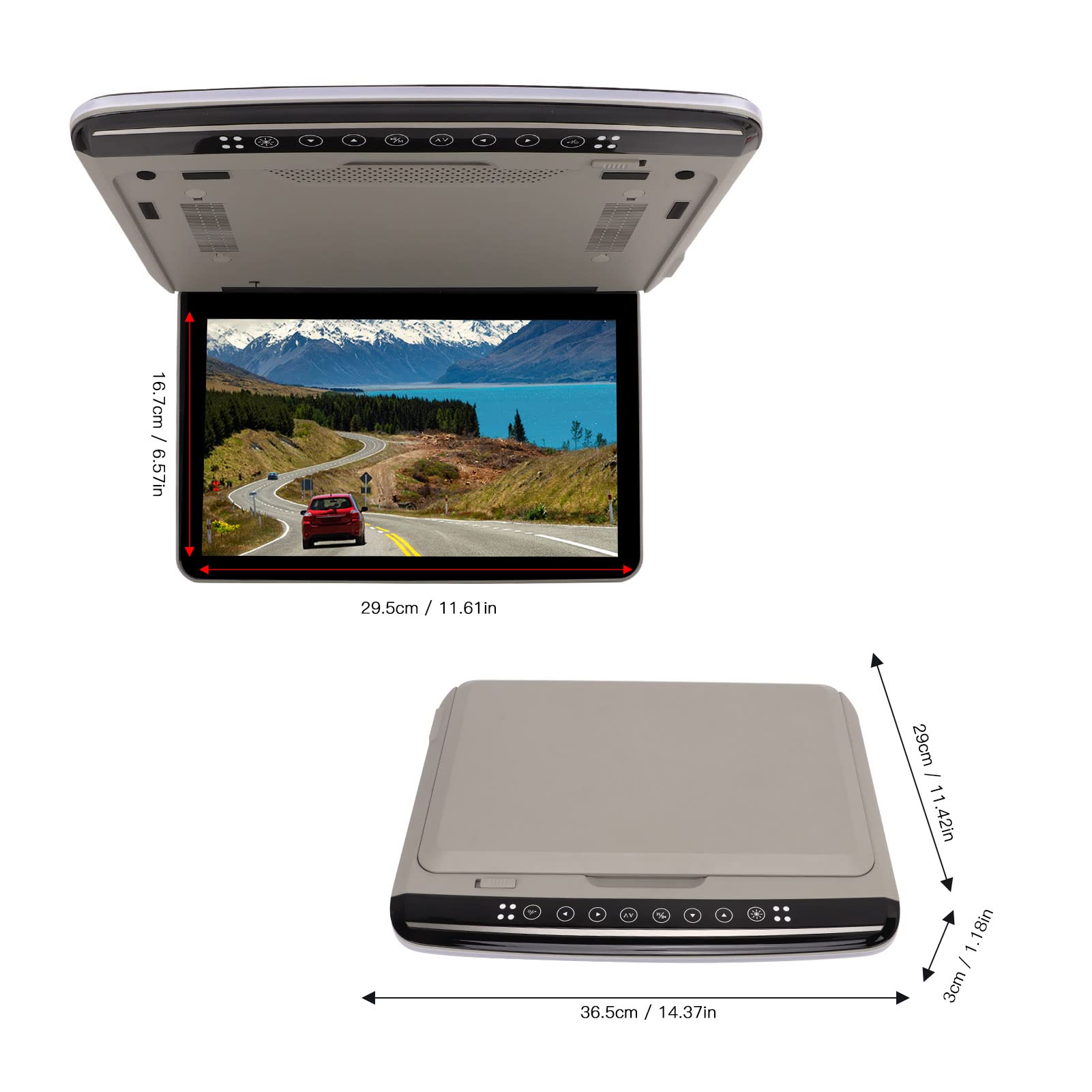 PUSOKEI TV pour Voiture, Moniteur de Voiture 13,3 Pouces avec écran de Lecteur de Voiture 1080p, écran monté sur Le Toit avec Lumière Bicolore pour Bus, SUV, Angle Réglable (Gris)