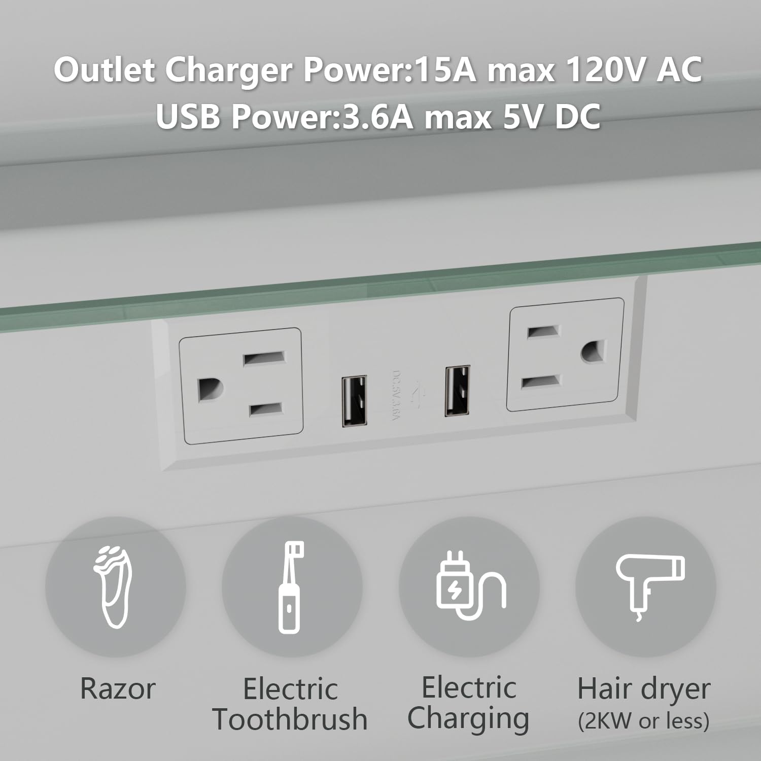Botiquín inteligente iluminado con espejo, colores regulables continuos, bisagras de 110°, antivaho, luz de sensor, salida de 1800 W y USB, acabado de aluminio cepillado