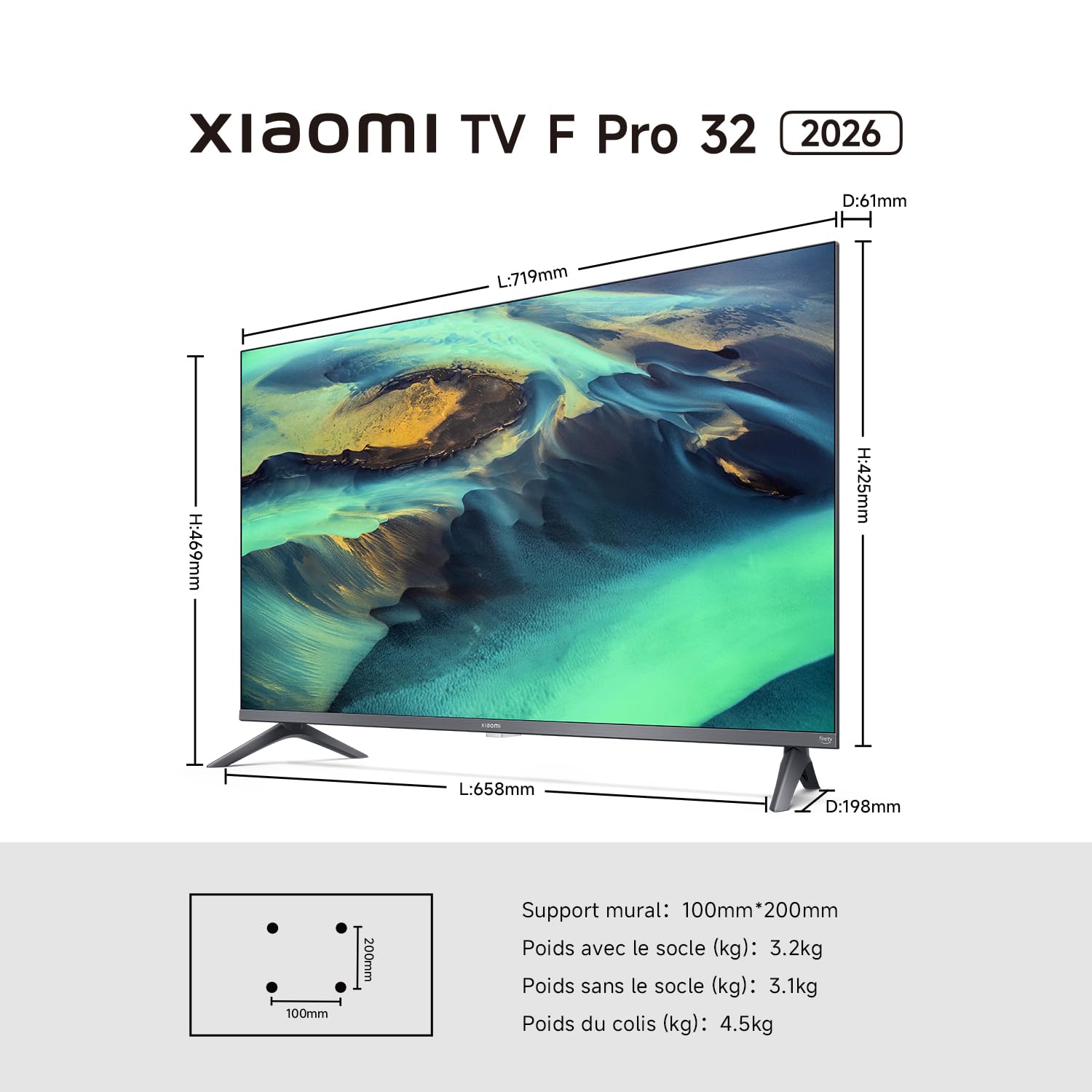 XIAOMI TV F Pro 32, 81 cm (32 Pouces), QLED, Smart TV, Fire OS7, Contrôle Vocal Alexa, Dolby Audio™, DTS Virtual:X, DTS-HD, Compatible avec Apple AirPlay
