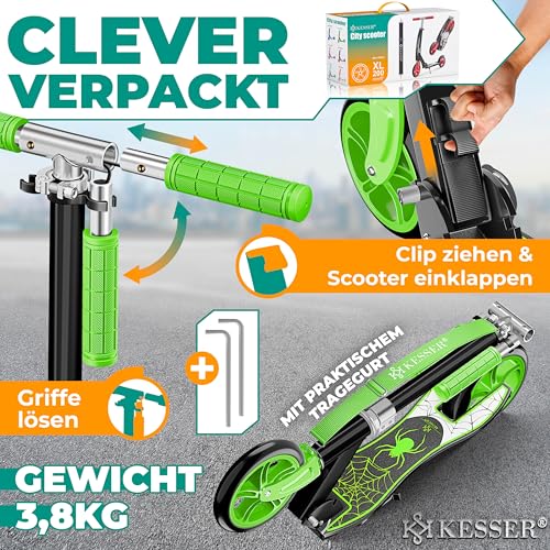 KESSER&reg; Scooter Roller Kinderroller Cityroller Tretroller Kickroller, f&uuml;r jedes Alter, H&ouml;henverstellbar bis 190cm, bis zu 100kg,Klappmechanismus, Inkl. Tragegurt, Kickscooter, Spider (Green)
