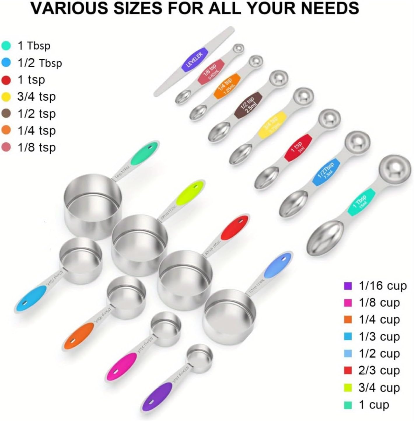 22Pcs/Set, Measuring Cups And Magnetic Measuring Spoons Set, Stainless Steel 8 Measuring Cups, 9 Double Sided Stackable Magnetic Measuring Spoons & 5 Mini Spoons - Multicolor