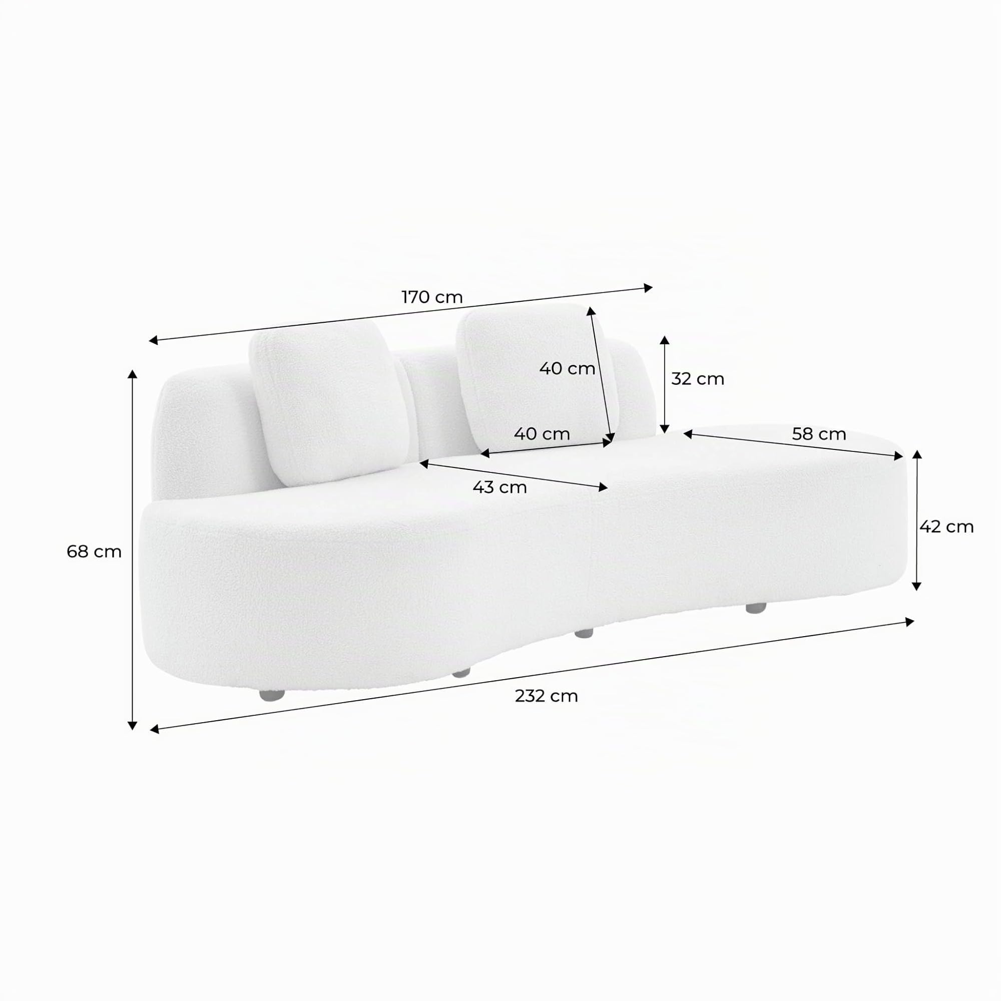 3 Sitzer-Sofa, mit organischer Komma-Form und Bouclé-Bezug - WAVE B 232 x T 97 x H 68cm