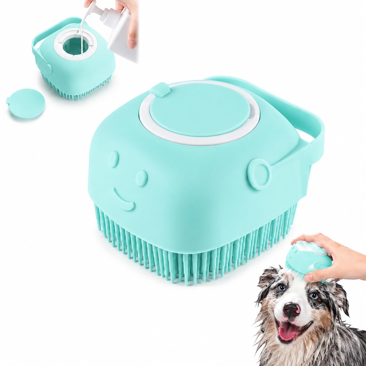 Dog Cat Shower Brush with Massage Bristles, Easy to Clean Design, Ergonomic Handle and Detachable Top, Suitable for Wet Washing/Bathing, Ideal for Small Pets to