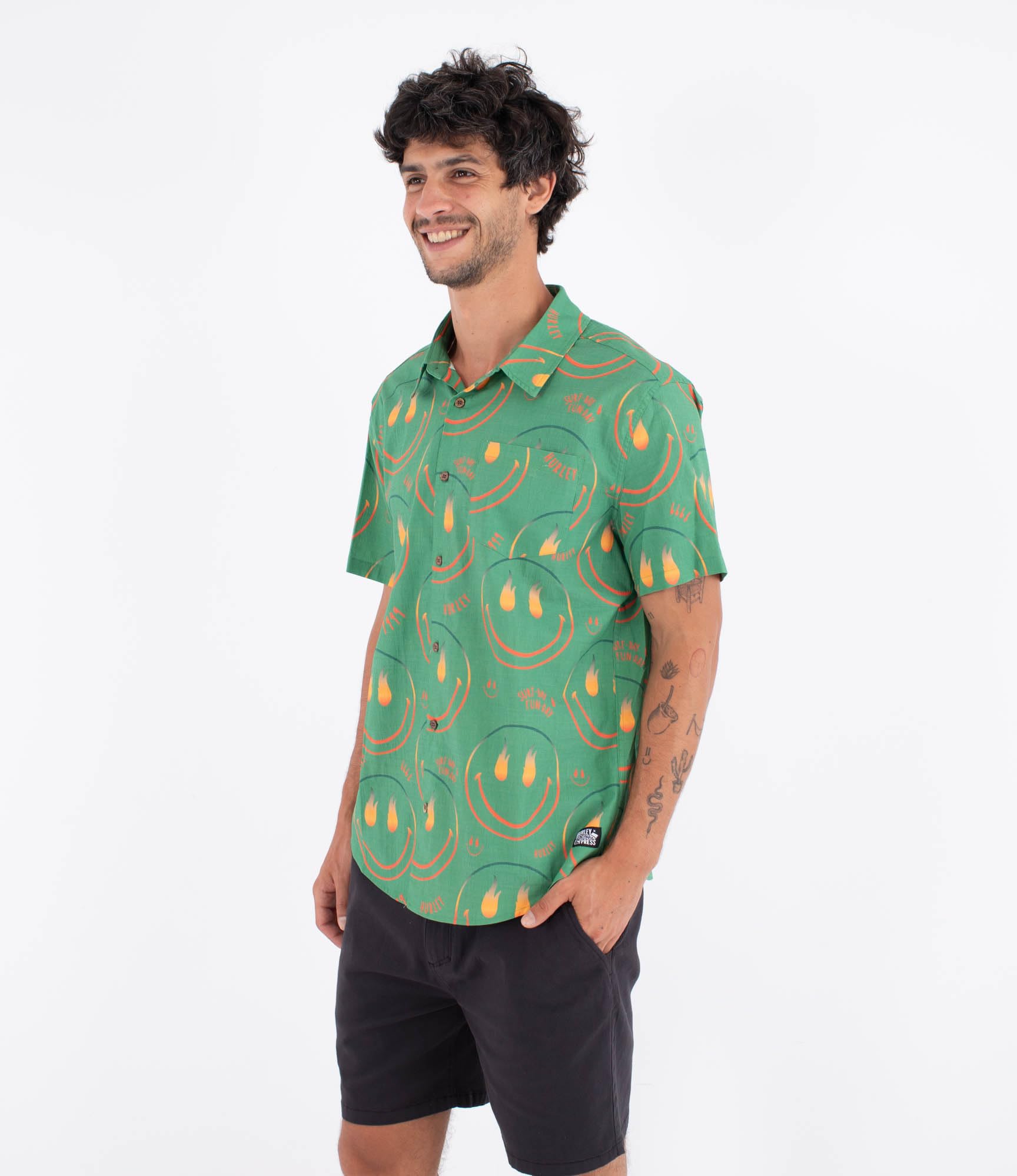 Hurley Mens Short-Sleeved Printing Press Happy Face T-Shirt, Green, S EU