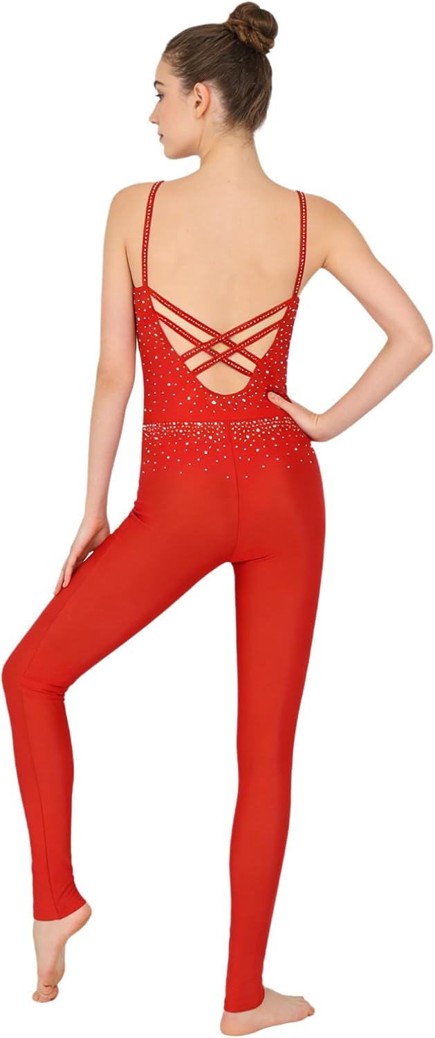 TiaoBug Women Applique Gymnastics Leotard Unitard Full Length One Piece Figure Ice Skating Jumpsuit