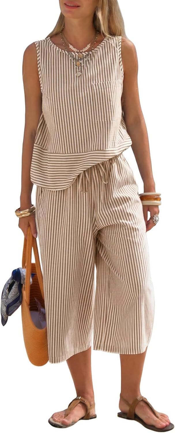 EXLURA Womens Summer 100% Cotton 2 Piece Outfits Striped Sleeveless Top Capri Wide Leg Pants Sets Faux Linen Travel Beach