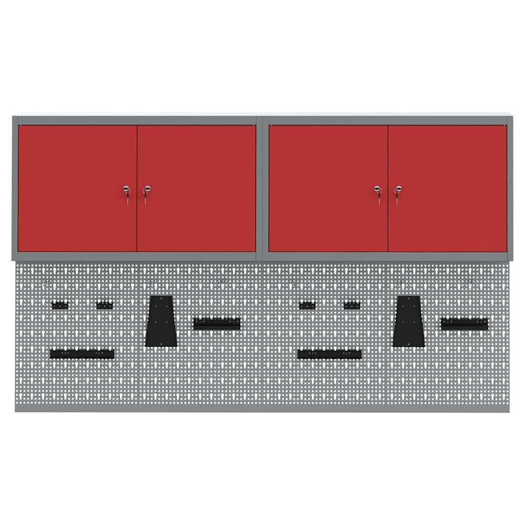 Szafa narzędziowa, zestaw 6 szt., kolor czerwony, ze stali malowanej proszkowo, montowana na ścianie, 200 x 20 x 115 cm, z metalowymi półkami i pegboardem, do warsztatu, garażu, wewnątrz