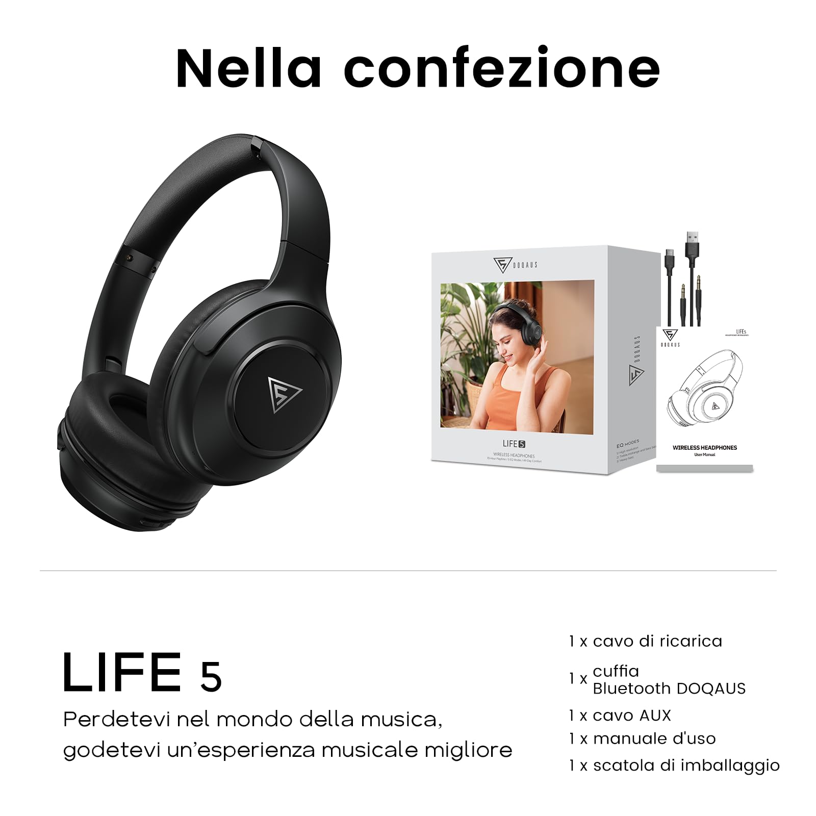 DOQAUS Cuffie Wireless Bluetooth 5.3-70 Ore Di Riproduzione,Cuffie Bluetooth Over Ear,3 EQ Modalità di Suono,Senza Fili Stereo HiFi con Microfono,per Viaggio/Telefono/PC