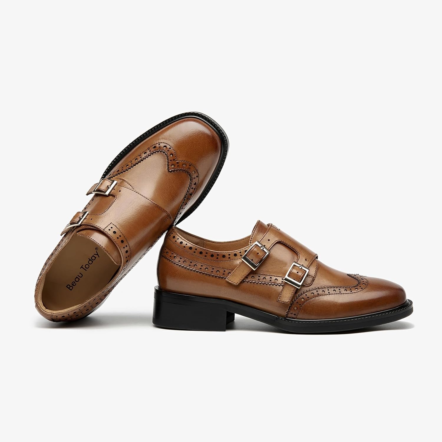 BEAU TODAY Monk Strap Loafers, Womens Leather Loafers, Cap Toe Slip-Ons Waxed Calfskin Loafer Flats for Business Casual Dress Women Shoes - Image 6