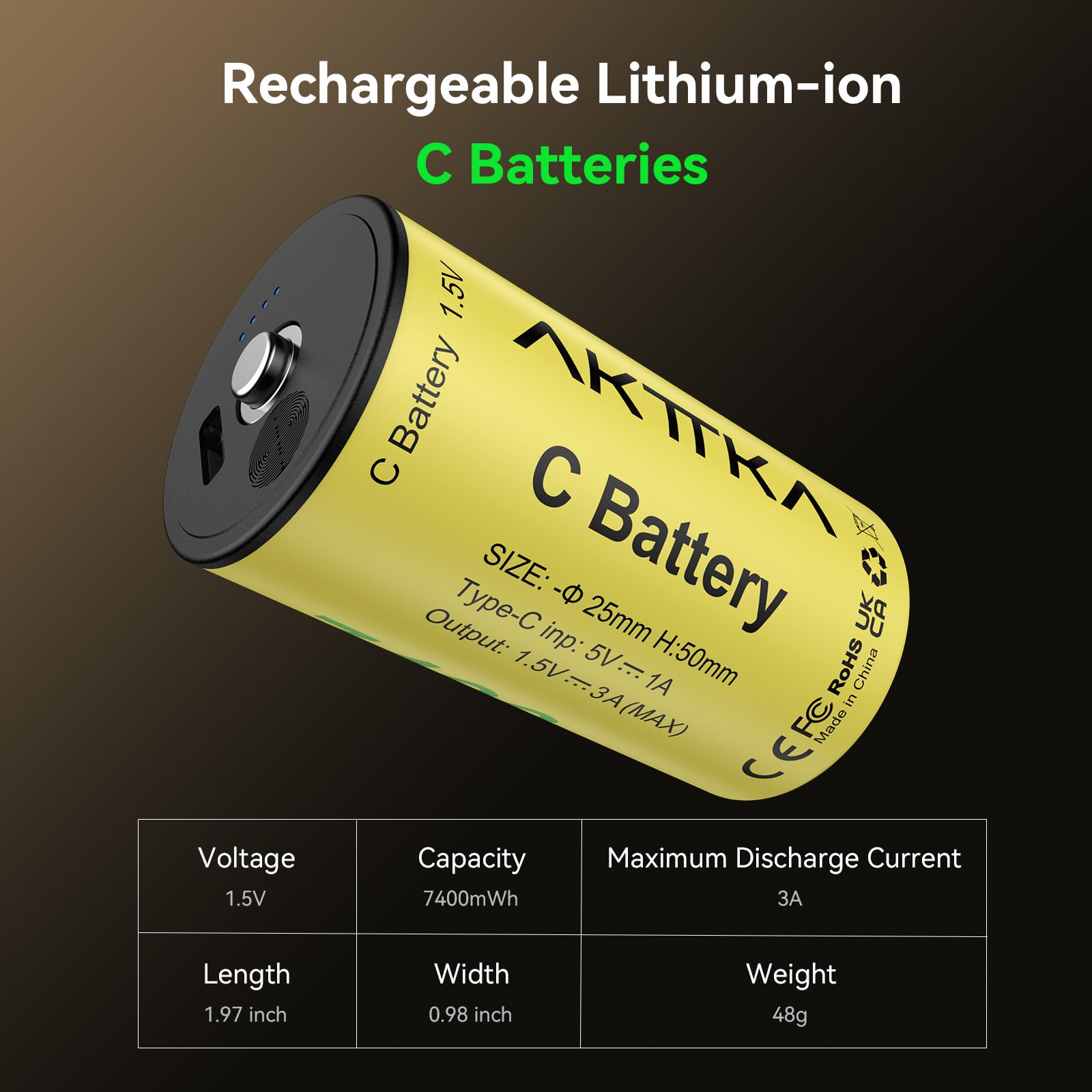 Batterie ricaricabili C, confezione da 4, 7400 mWh agli ioni di litio C, 1,5 V, con cavo di ricarica USB-C 4 in 1, indicatore di livello della batteria, per torcia, lettore CD, lampada da