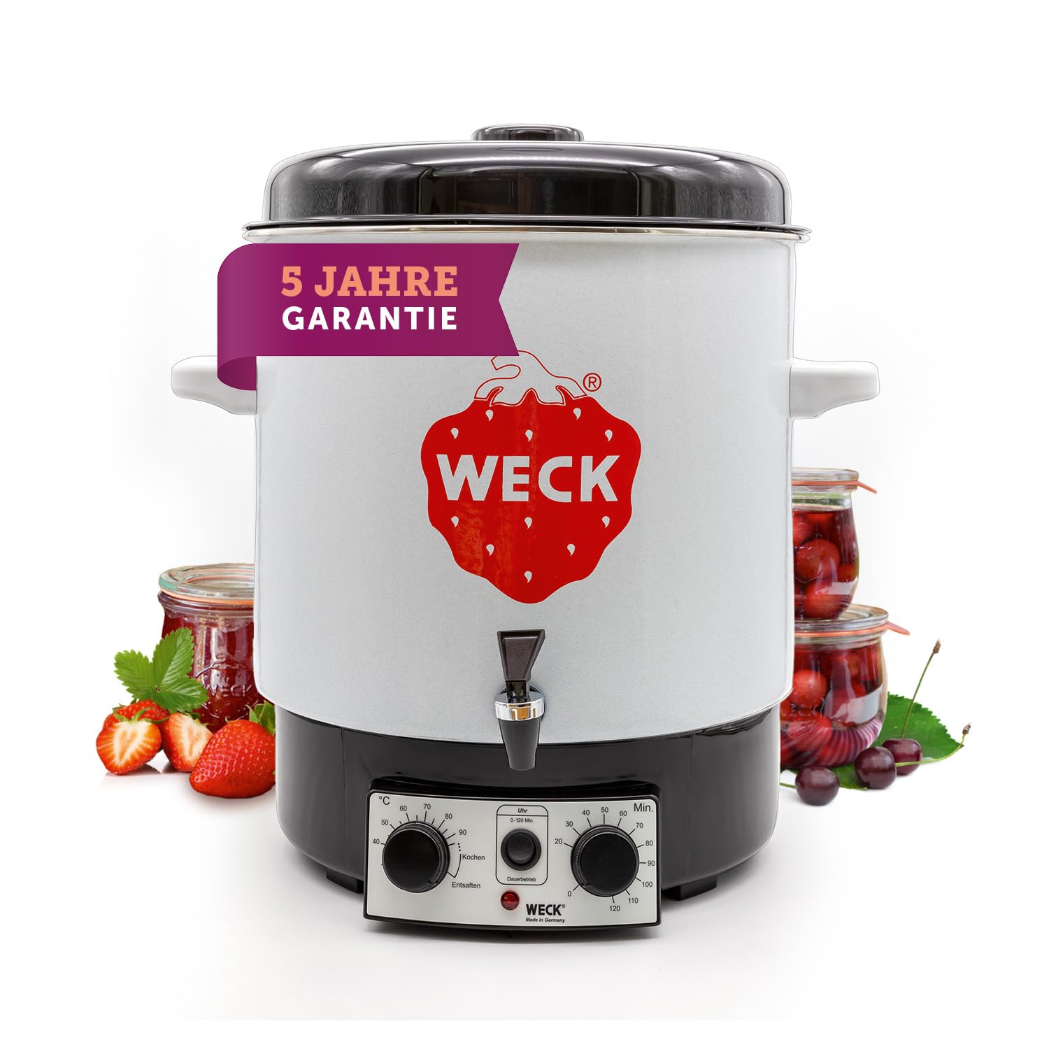 WECK Einkochautomat WAT15-A Emaille mit Präzisionsthermostat, Auslaufhahn & Zeitschaltuhr – 29L Einkochtopf, Glühweinkocher, Dampfentsafter, Einweckautomat – Made in Germany