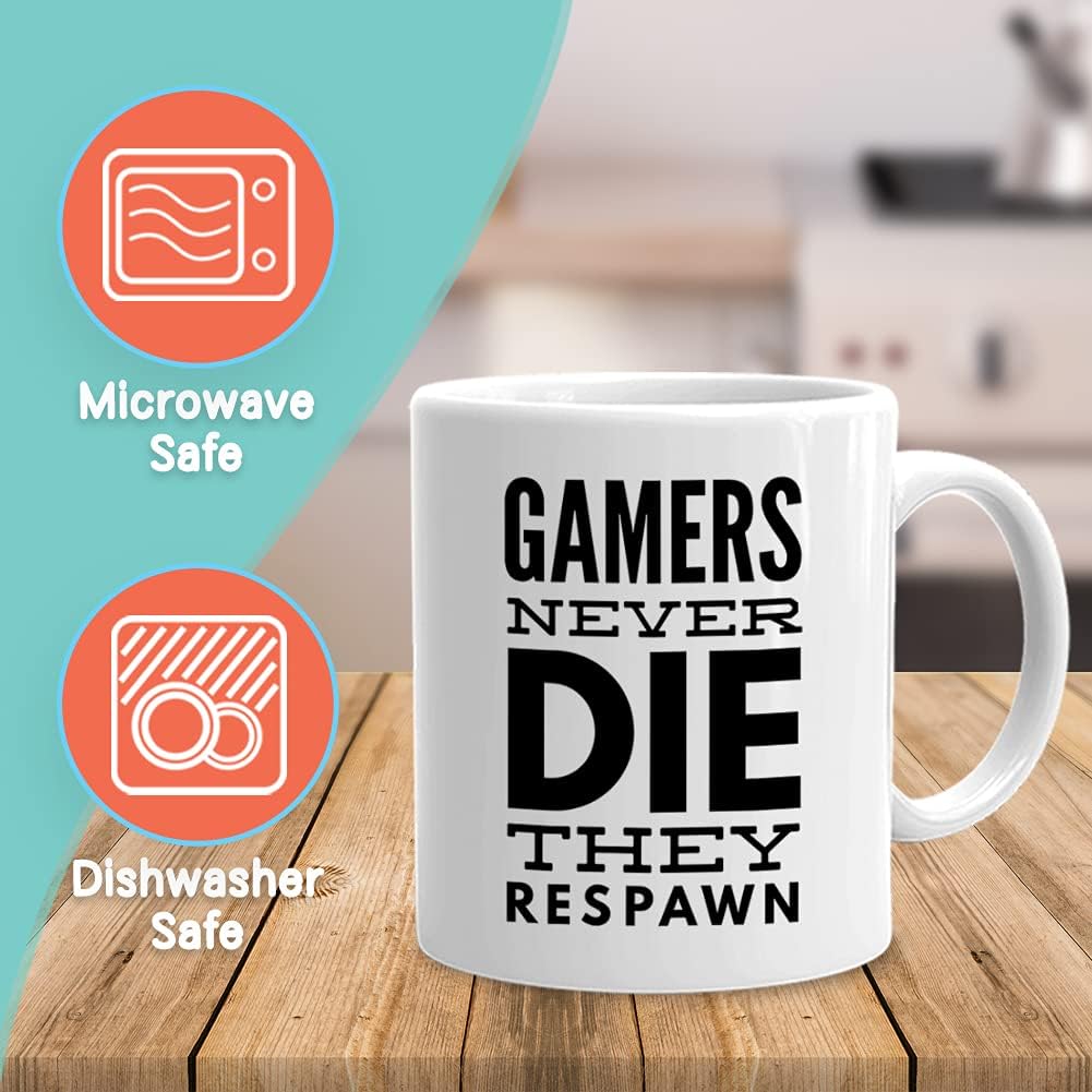 Gamer Mug 11 oz White Ceramic Novelty Gamer Cups, Unique Mug with Gaming Quote Gamers Never Die They Respawn, Gamer Gifts for Men Women Game Lovers image 2