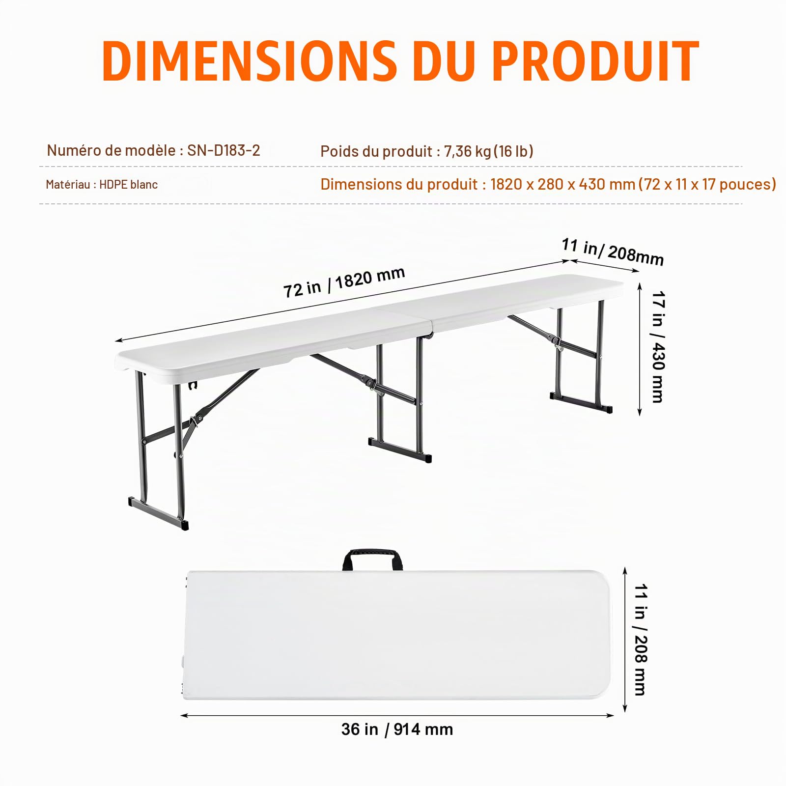 VEVOR Banc Pliant en Plastique, 1820 mm, Banc d'extérieur Pliable Portable, Lisse en PEHD imperméable, siège de Pique-Nique, de Salle à Manger avec poignée de Transport, pour Jardin, Blanc (1 Paquet)