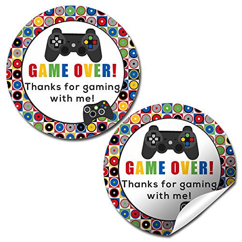 Game Over Video Game Theme Birthday Party Thank You Sticker Labels, 40 Count 2 Inch Circle Stickers, Fun Gamer Design for Party Favors, Envelope Seals and Goodie Bags, Made in USA by Amanda Creation